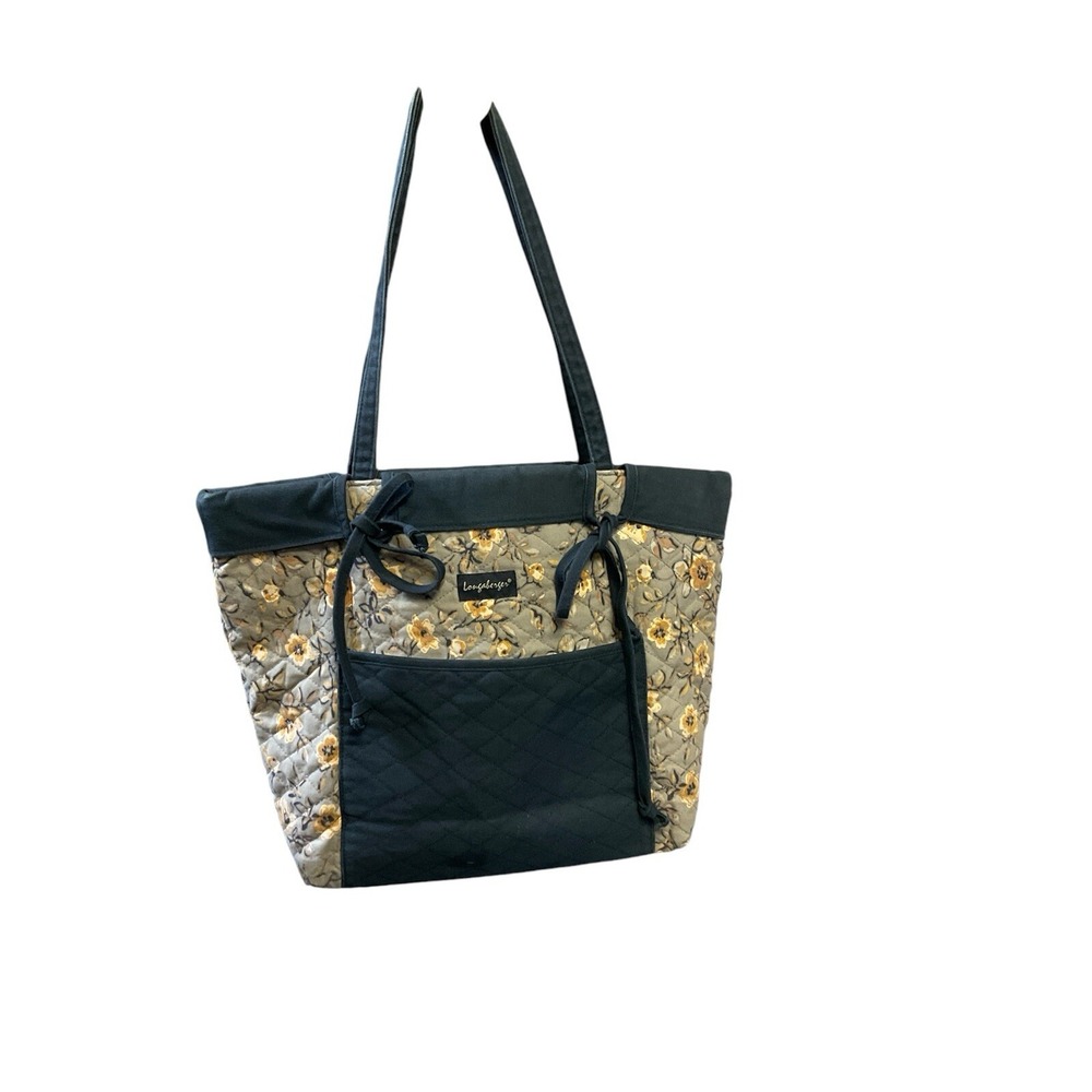 Longaberger Shoulder Bag Black Yellow Floral Country Quilted Cotton Tote Medium